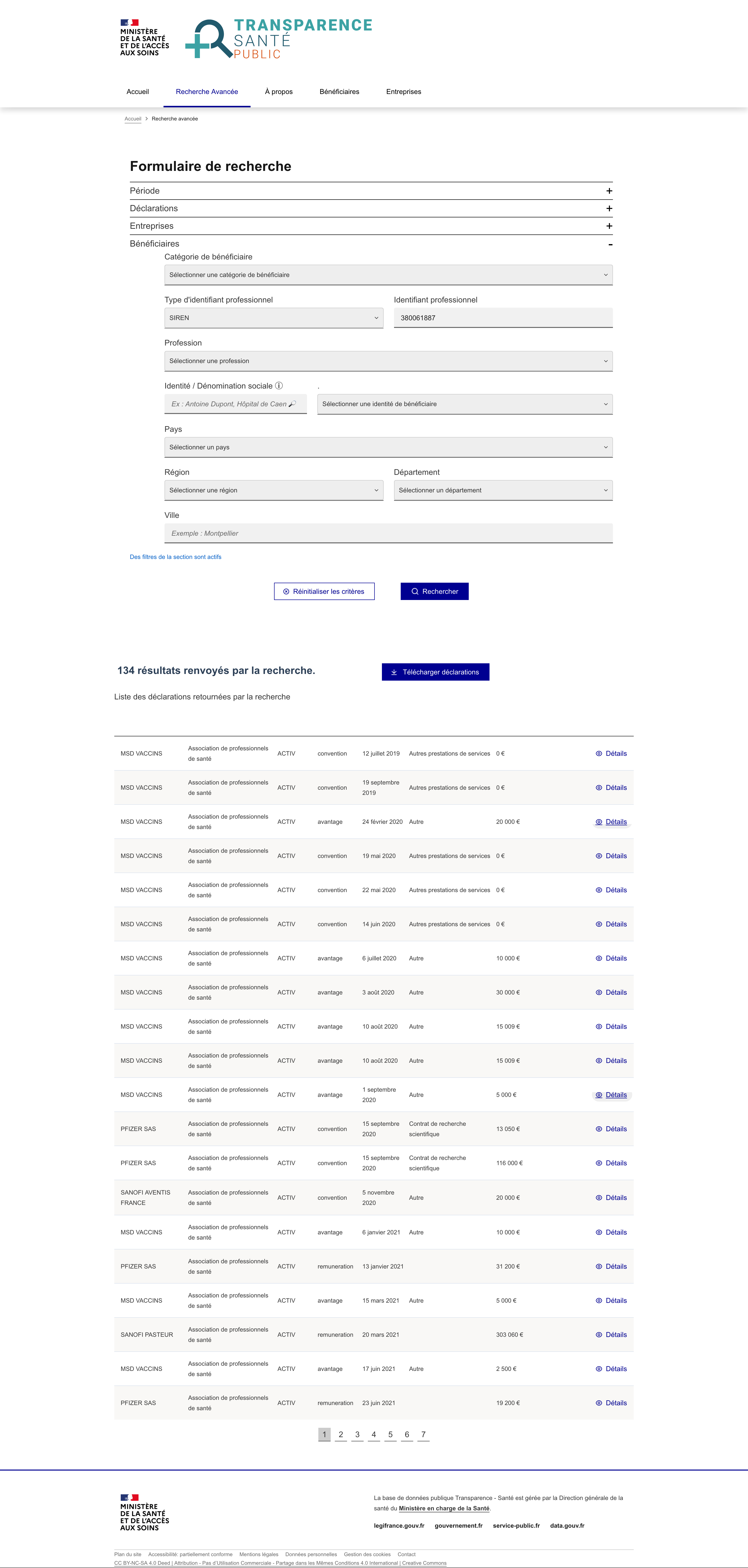 Recherche d'ACTIV sur Transparence Santé